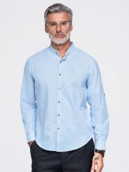 Koszula męska w paski ze stójką z lnem - biało-niebieska V2 - Rozmiar: XL. Niebieskie koszule męskie Ombre Clothing, na lato, m, bez wzorów, z bawełny, biznesowe, bez kołnierzyka, bez ramiączek. Za 169.99 zł.