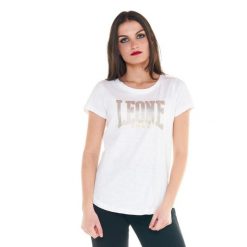 Damska koszulka z logo w kolorze złoto-srebrnym. Białe obuwie sportowe damskie LEONE 1947 APPAREL, bez wzorów, z tkaniny, na fitness i siłownię. W wyprzedaży za 83.85 zł.