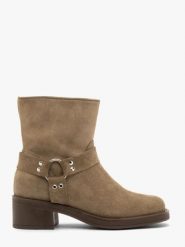 Oliwkowe botki biker boots. Zielone botki damskie Ryłko, z jeansu, eleganckie, za kostkę, bez obcasa, na obcasie, bez zapięcia. Za 499.99 zł.