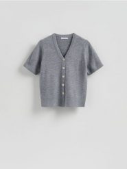 Kardigan z dekoracyjnymi guzikami - szary. Szare kardigany damskie Reserved, l, bez wzorów, z dzianiny. Za 129.99 zł.