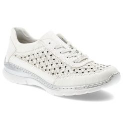 Półbuty damskie Rieker, skóra naturalna perforowana cholewka sznurowany fason lekka elastyczna podeszwa okrągły nosek, białe, L3217-80. Białe półbuty damskie Rieker, bez wzorów, z materiału, biznesowe, z okrągłym noskiem, bez obcasa, na płaskiej podeszwie, bez zapięcia. Za 314.90 zł.