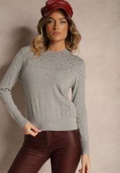 Szary Casualowy Sweter z Wiskozą z Ozdobnymi Detalami z Cyrkonii Edaloriae. Szare swetry damskie Renee, m, bez wzorów, z wiskozy, casualowe, bez kołnierzyka, bez ramiączek, długie, bez kaptura. Za 99.99 zł.