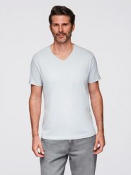Klasyczna męska bawełniana koszulka z dekoltem w serek BASIC – jasnoszara V23 - Rozmiar: S. Szare t-shirty męskie Ombre Clothing, m, bez wzorów, z bawełny, klasyczne, bez kołnierzyka. W wyprzedaży za 29.99 zł.