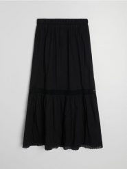 Bawełniana spódnica midi z ażurowymi elementami - czarny. Czarne spódnice damskie Sinsay, l, w ażurowe wzory, z bawełny, midi. Za 59.99 zł.