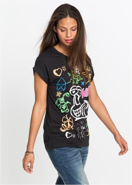 T-shirt z nadrukiem. Czarne t-shirty damskie bonprix, bez wzorów, bez kołnierzyka. Za 54.99 zł.