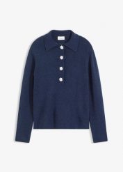 Sweter z kołnierzykiem polo z domieszką wełny. Szare swetry damskie bonprix, bez wzorów, z wełny, eleganckie, bez kołnierzyka, bez ramiączek, bez kaptura. Za 149.99 zł.
