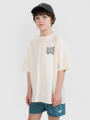 4F T-shirt oversize z nadrukiem chłopięcy - biały 146 (10-11 lat). Białe t-shirty dla chłopców 4f, bez wzorów, z bawełny, bez ramiączek. W wyprzedaży za 29.99 zł.