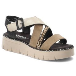 Sandały damskie Rieker, cholewka ze skóry ekologicznej z ozdobnymi paskami i motywem zwierzęcym regulowane zapięcie na sprzączkę, multi, V1063-90. Brązowe klapki damskie Rieker, bez wzorów, ze skóry ekologicznej, bez obcasa, na platformie, bez zapięcia. Za 319.00 zł.