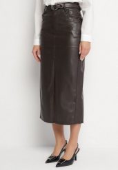 Ciemnobrązowa Długa Spódnica High Waist z Imitacji Skóry z Dodatkowym Paskiem i Rozcięciem Wyneti. Brązowe spódnice damskie Born2be, s, bez wzorów, ze skóry, eleganckie, z podwyższonym stanem, maxi, koszulowe. Za 129.99 zł.