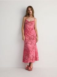 Wzorzysta sukienka maxi - wielobarwny. Sukienki damskie Reserved, l, bez wzorów, z tkaniny, bez kołnierzyka, bez ramiączek, maxi. W wyprzedaży za 79.99 zł.