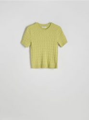 Sweter z ozdobnym splotem - zielony. Zielone swetry damskie Reserved, l, bez wzorów, z dzianiny, bez kołnierzyka, bez ramiączek, bez kaptura. W wyprzedaży za 49.99 zł.