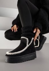 Czarne Śniegowce na Grubej Podeszwie z Haftem Maretusa. Czarne śniegowce i trapery damskie Born2be, z jeansu. Za 64.99 zł.