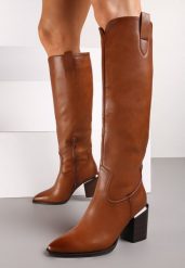 Brązowe Kozaki na Obcasie z Metaliczną Aplikacją Rielva. Brązowe kozaki damskie Born2be, z jeansu, bez obcasa, na obcasie. Za 159.99 zł.