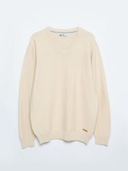Sweter męski bawełniany klasyczny z dekoltem w serek beżowy Vasonitex 801. Brązowe swetry przez głowę męskie Big Star, l, bez wzorów, z bawełny, bez kołnierzyka. W wyprzedaży za 139.99 zł.