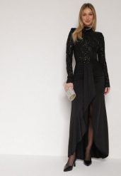 Czarna Cekinowa Sukienka Wieczorowa z Półgolfem i Trenem Eylnore. Czarne sukienki damskie Born2be, na imprezę, s, z aplikacjami, klasyczne, bez kołnierzyka, bez ramiączek, maxi. Za 239.99 zł.
