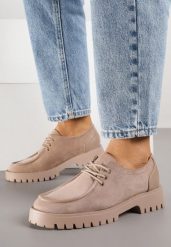 Ciemnobeżowe Półbuty Mokasyny w Stylu Boat Shoes ze Sznurowaniem Balmitar. Brązowe mokasyny damskie Renee, bez wzorów, z jeansu, bez obcasa, bez zapięcia. Za 119.99 zł.