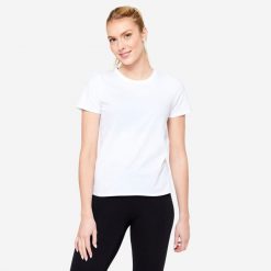 Koszulka z krótkim rękawem damska Domyos Gym & Pilates 100. Białe koszulki sportowe damskie DOMYOS, xl, bez wzorów, z bawełny, bez kołnierzyka, bez ramiączek, na fitness i siłownię. Za 24.99 zł.