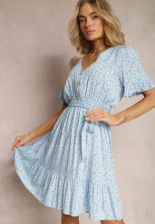 Niebieska Rozkloszowana Sukienka Wiskozowa Mini w Kwiatowy Print z Falbanką Taelle. Niebieskie sukienki damskie Renee, m, bez wzorów, z wiskozy, bez kołnierzyka, bez ramiączek, mini, rozkloszowane. Za 49.99 zł.
