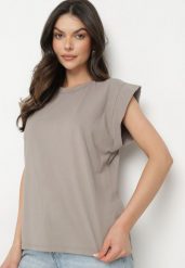 Brązowy Bawełniany Top z Falbanką przy Ramionach Galantia. Brązowe bluzki damskie Born2be, s, bez wzorów, z bawełny, eleganckie, bez kołnierzyka, bez ramiączek. Za 59.99 zł.
