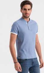 Ombre Koszulka męska polo bez kołnierzyka - niebieska V3 OM-TSCT-0156 S. Niebieskie koszulki polo męskie Ombre, m, bez wzorów, bez ramiączek. Za 79.99 zł.