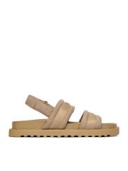 Guess Jeans Sandały EO-GJ2122 Beżowy ciemny. Brązowe sandały damskie Guess Jeans, z aplikacjami, z jeansu, bez obcasa, na płaskiej podeszwie, bez zapięcia. Za 249.99 zł.