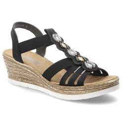 Sandały damskie Rieker, cholewka z materiału tekstylnego i skóry ekologicznej z ozdobnymi aplikacjami, czarne, 619B2-00. Czarne klapki damskie Rieker, z aplikacjami, ze skóry ekologicznej, bez obcasa, na koturnie. Za 319.00 zł.