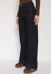 Granatowe Jeansy z Bawełną o Szerokim Kroju z Wysokim Stanem i Ozdobnymi Kieszeniami Adelsala. Niebieskie jeansy damskie Born2be, z podwyższonym stanem. Za 99.99 zł.