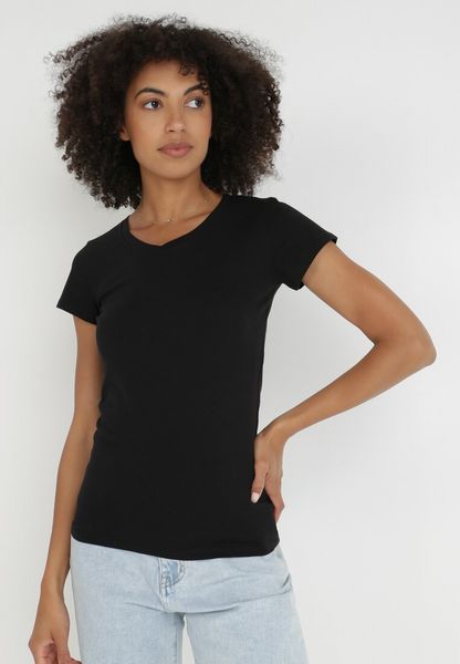 Czarny T-shirt Nysalphia. Czarne bluzki damskie Born2be, l, bez wzorów, z bawełny, klasyczne, bez kołnierzyka, bez ramiączek. Za 29.99 zł.