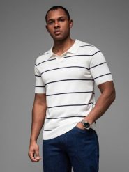 Koszulka męska polo w poziome paski z wiskozą – biało-granatowa V2 OM-POSS-0145 - XXL. Białe koszulki polo męskie Ombre Clothing, l, bez wzorów, z dzianiny, casualowe, bez ramiączek. W wyprzedaży za 89.99 zł.