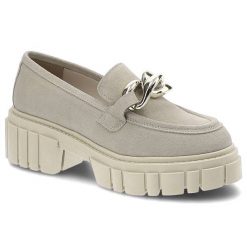 Półbuty damskie Karino, zamszowa cholewka o miękkiej strukturze dekoracyjny łańcuch na podbiciu masywna platforma, cappucino, 3962-007-P. Brązowe półbuty damskie Karino, bez wzorów, z weluru, eleganckie, bez obcasa, na platformie, bez zapięcia. Za 279.00 zł.