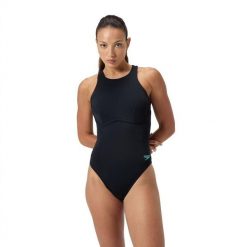 Strój kąpielowy jednoczęściowy damski na basen Speedo Racer Zip. Czarne kostiumy jednoczęściowe damskie Speedo, l, bez wzorów, z materiału, eleganckie, na fitness i siłownię. Za 329.99 zł.