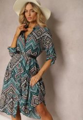 Czarno-Niebieska Koszulowa Sukienka z Bawełnianej Tkaniny z Mozaikowym Wzorem Tesahina. Czarne sukienki damskie Renee, na spotkanie biznesowe, l, bez wzorów, z bawełny, boho, bez kołnierzyka, bez ramiączek, midi, dopasowane. Za 54.99 zł.