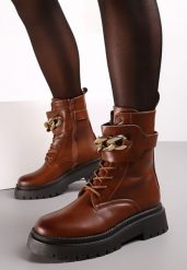 Brązowe Sznurowane Botki Typu Workery na Platformie z Ozdobnym Łańcuchem Barna. Brązowe botki damskie Renee, klasyczne, bez obcasa, na platformie, bez zapięcia. Za 84.99 zł.