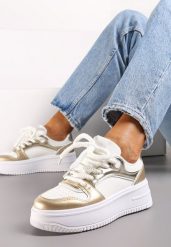 Biało-Złote Sneakersy z Cholewką z Licznymi Wstawkami na Grubej Podeszwie Lenarise. Białe obuwie sportowe damskie Renee, bez wzorów, z dresówki. Za 89.99 zł.