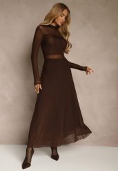 Brązowa Rozkloszowana Sukienka Longsleeve z Siateczki z Dodatkiem Wiskozy Eprella. Brązowe sukienki dla dziewczynek Renee, bez wzorów, z wiskozy, eleganckie, bez ramiączek. Za 159.99 zł.