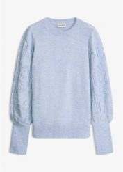 Sweter w ażurowy wzór. Niebieskie swetry damskie bonprix, w ażurowe wzory, bez kołnierzyka, bez ramiączek, bez kaptura. Za 117.99 zł.