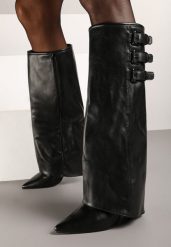 Czarne Kozaki na Obcasie Ozdobione Wywiniętą Cholewką z Paskami i Klamrami Liennia. Czarne kozaki damskie Born2be, bez obcasa, na obcasie. Za 179.99 zł.