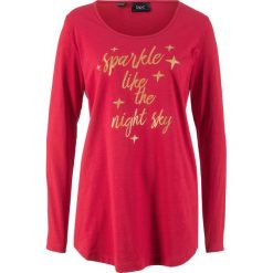 Długi shirt bawełniany z połyskującym nadrukiem bonprix czerwony chili z nadrukiem. Bluzki damskie bonprix. Za 21.99 zł.