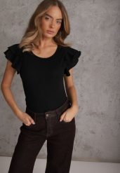 Czarna Gładka Bluzka z Bawełny z Rękawkami z Falbanek Nedaxera. Czarne t-shirty i topy dla dziewczynek Renee, bez wzorów, z bawełny, bez ramiączek. Za 59.99 zł.