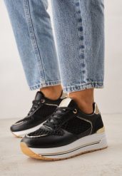 Czarne Sneakersy na Grubej Podeszwie z Siateczkowymi i Metalicznymi Wstawkamu Sewtira. Czarne obuwie sportowe damskie Born2be, bez wzorów, z jeansu. Za 89.99 zł.