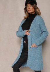 Niebieski Kardigan Niezapinany z Wełną i Kieszeniami Miathinae. Niebieskie kardigany damskie Renee, bez wzorów, z jeansu, eleganckie, bez kołnierzyka, bez ramiączek, długie, bez kaptura. Za 159.99 zł.
