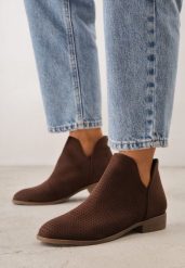 Ciemnobrązowe Płaskie Botki Vices z Wycięciem Felilia. Brązowe botki damskie Born2be, z jeansu, eleganckie, bez obcasa, na płaskiej podeszwie, bez zapięcia. Za 119.99 zł.