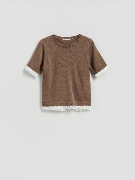 Sweter z dodatkiem wełny - brązowy. Brązowe swetry damskie Reserved, l, bez wzorów, z dzianiny, bez kołnierzyka, bez ramiączek, bez kaptura. W wyprzedaży za 49.99 zł.