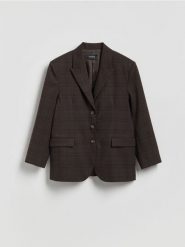 Jednorzędowa marynarka w kratę - ciemnobrązowy. Brązowe żakiety damskie Reserved, l, bez wzorów, z tkaniny. Za 259.99 zł.