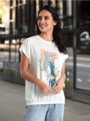 Koszulka z nadrukiem - kremowy. Białe t-shirty damskie Sinsay, l, bez wzorów, ze skóry, bez kołnierzyka. Za 25.99 zł.