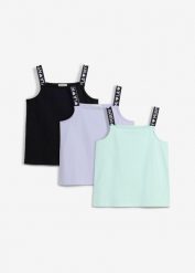 Top z elastycznej mieszanki bawełny (3 szt.). Zielone t-shirty i topy dla dziewczynek bonprix, bez wzorów, z bawełny, bez ramiączek. Za 69.99 zł.