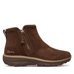Botki Skechers. Brązowe botki damskie Skechers, bez obcasa, na płaskiej podeszwie, bez zapięcia. Za 399.99 zł.