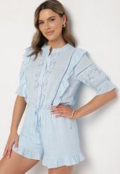Jasnoniebieski Kombinezon z Lnu i Wiskozy w Stylu Boho z Falbankami i Koronką Linalisse. Niebieskie sukienki damskie Born2be, na co dzień, m, bez wzorów, z koronki, boho, bez kołnierzyka, bez ramiączek. Za 159.99 zł.