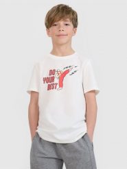 4F T-shirt regular z nadrukiem chłopięcy - biały 134 (8-9 lat). Białe t-shirty dla chłopców 4f, bez wzorów, z bawełny, bez ramiączek. W wyprzedaży za 19.99 zł.
