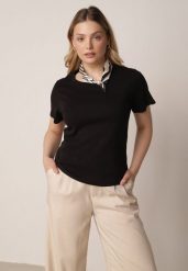 Czarny Bawełniany T-shirt z Satynową Apaszką Cloud. Czarne bluzki damskie Born2be, l, bez wzorów, z bawełny, biznesowe, bez kołnierzyka, bez ramiączek. Za 59.99 zł.